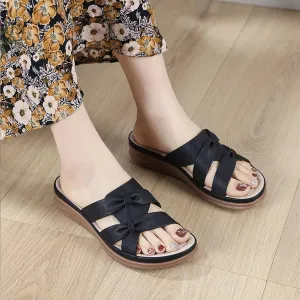 Women's PU Leather Bow Wedge Slides, Cross Strap Slip On Open Toe Breathable Sandals Casual Non-Slip Comfy Softsole Slippers