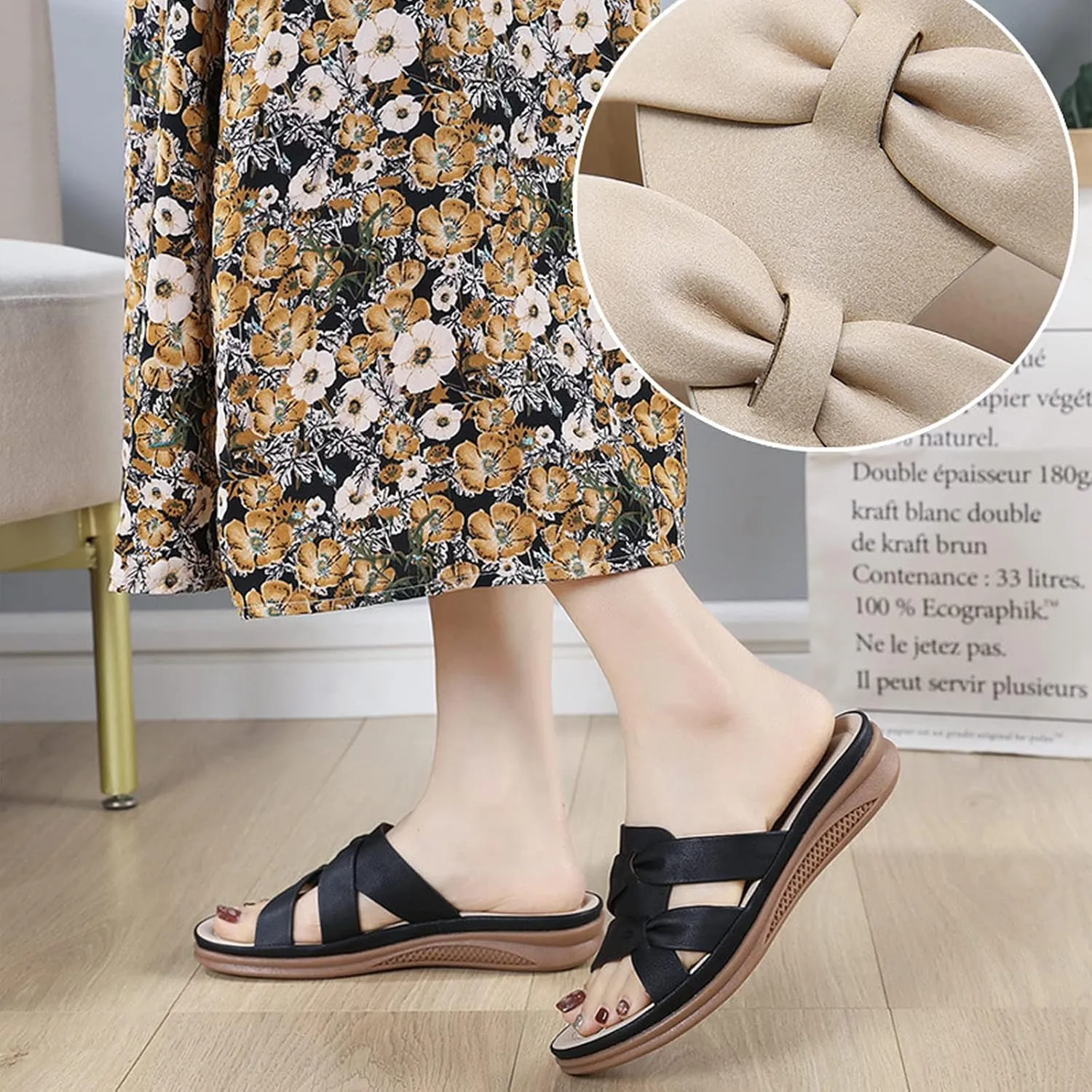 Women's PU Leather Bow Wedge Slides, Cross Strap Slip On Open Toe Breathable Sandals Casual Non-Slip Comfy Softsole Slippers