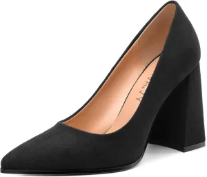 Women's Pumps, Pointed Toe Block High Heels, Slip On Fashion Chunky Heel Shoes for Women