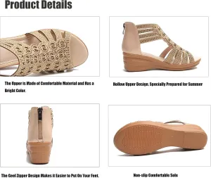 Women's Roman Wedge Hollow Sandals with Zipper Back,Rhinestone Gladiator Open Toe High Heel Dress Sandals Bootie