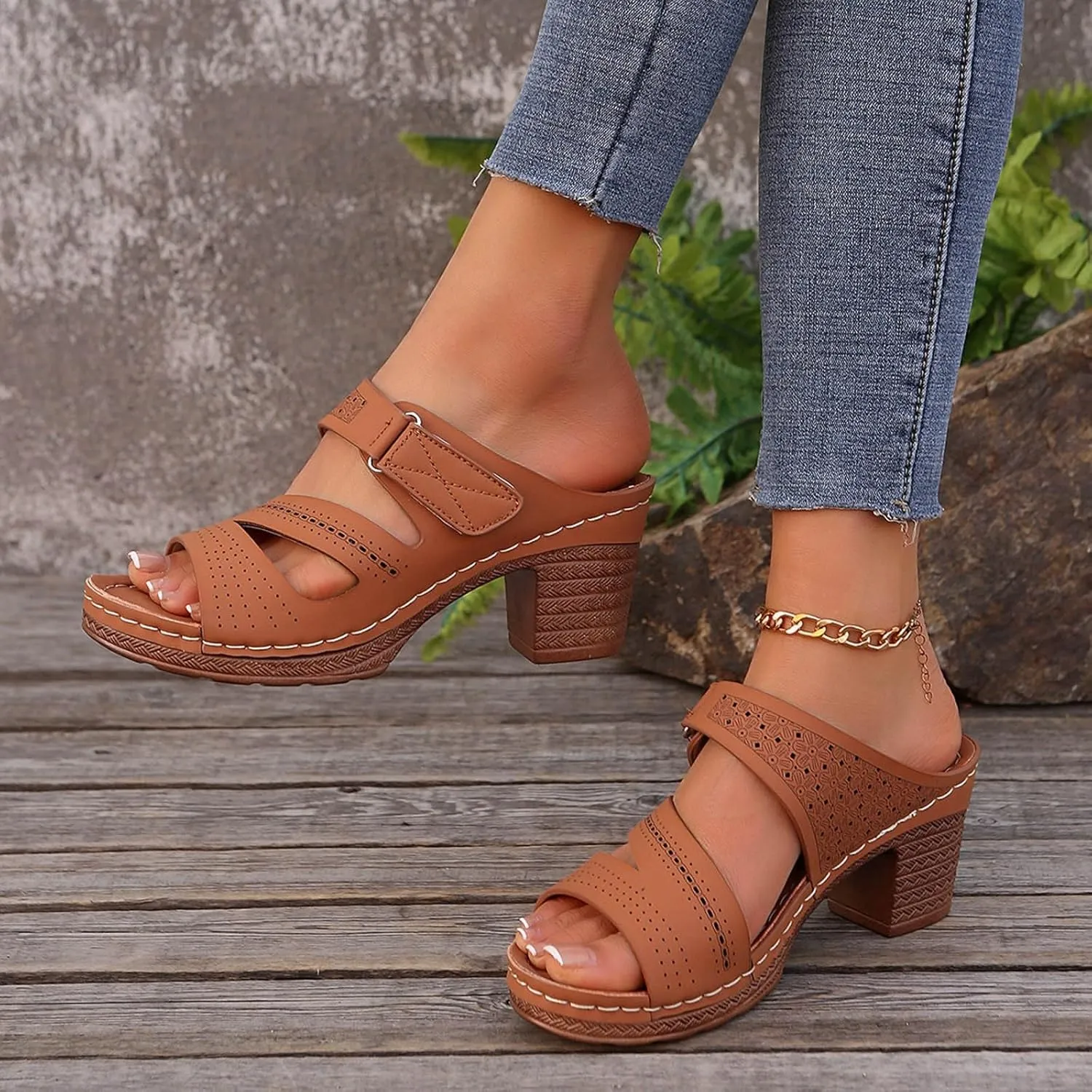 Women's Sandal Heels,Two Strap Open Toe Platform Slip-on Chunky Heels Sandals For Women Comfortable Walking Casual Dressy Summer Mules Shoes