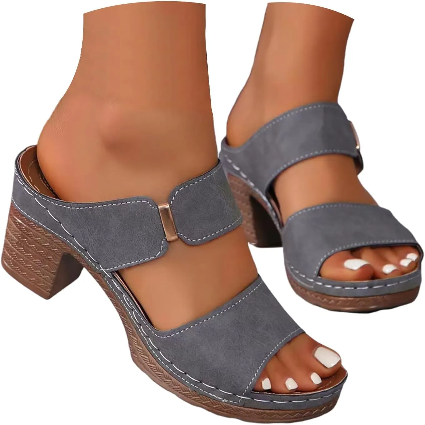 Women's Sandal Heels,Two Strap Open Toe Platform Slip-on Chunky Heels Sandals For Women Comfortable Walking Casual Dressy Summer Mules Shoes