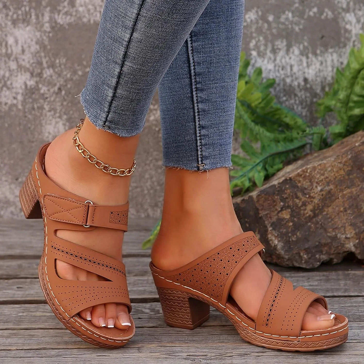 Women's Sandal Heels,Two Strap Open Toe Platform Slip-on Chunky Heels Sandals For Women Comfortable Walking Casual Dressy Summer Mules Shoes