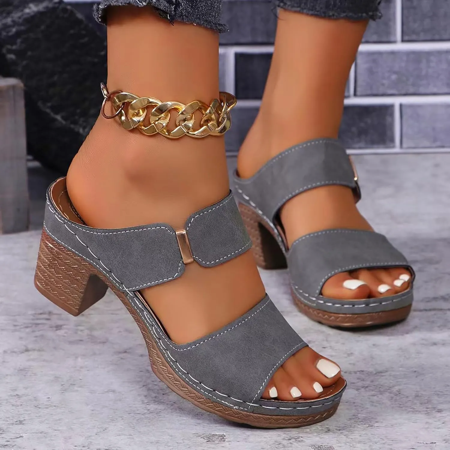 Women's Sandal Heels,Two Strap Open Toe Platform Slip-on Chunky Heels Sandals For Women Comfortable Walking Casual Dressy Summer Mules Shoes