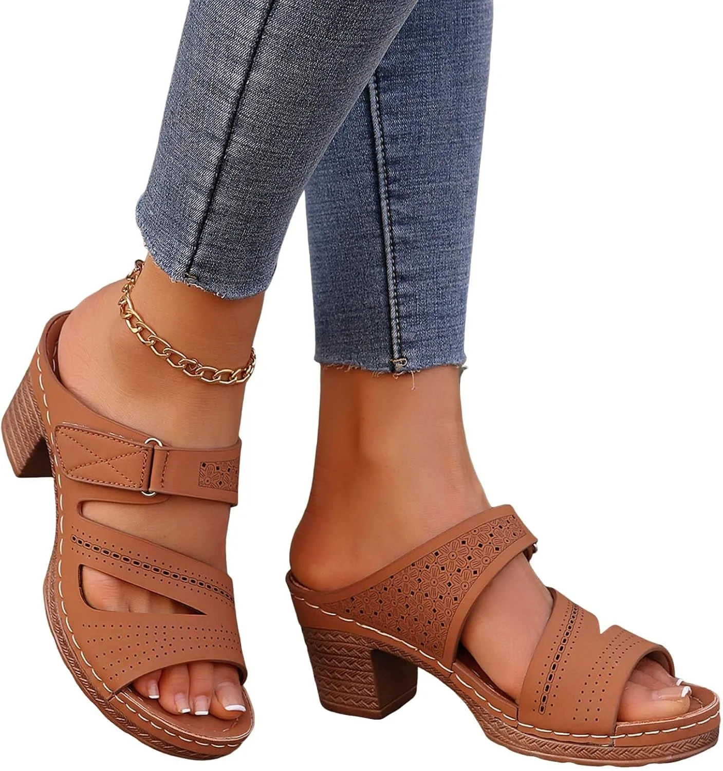 Women's Sandal Heels,Two Strap Open Toe Platform Slip-on Chunky Heels Sandals For Women Comfortable Walking Casual Dressy Summer Mules Shoes
