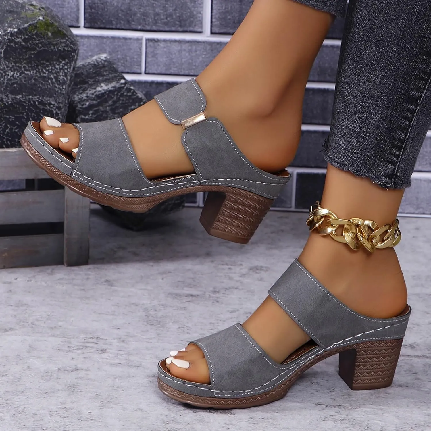 Women's Sandal Heels,Two Strap Open Toe Platform Slip-on Chunky Heels Sandals For Women Comfortable Walking Casual Dressy Summer Mules Shoes