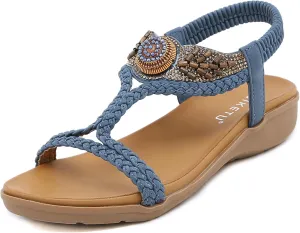 Womens Sandals Shoes Elastic Bohemian Flats Women Comfort Walking Slip on Casual Summer Beach Shoes