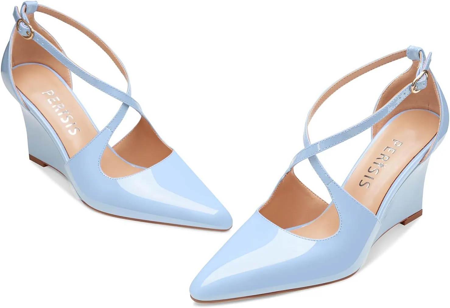 Women's Sexy Wedge Heels Pointed Close Toed Patent Leather Pumps Cross Strappy Wedges Pointy Pump Ankle Strap Buckle Comfortable Wedding Dressy Shoes