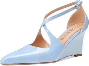 Women's Sexy Wedge Heels Pointed Close Toed Patent Leather Pumps Cross Strappy Wedges Pointy Pump Ankle Strap Buckle Comfortable Wedding Dressy Shoes