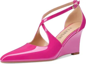 Women's Sexy Wedge Heels Pointed Close Toed Patent Leather Pumps Cross Strappy Wedges Pointy Pump Ankle Strap Buckle Comfortable Wedding Dressy Shoes
