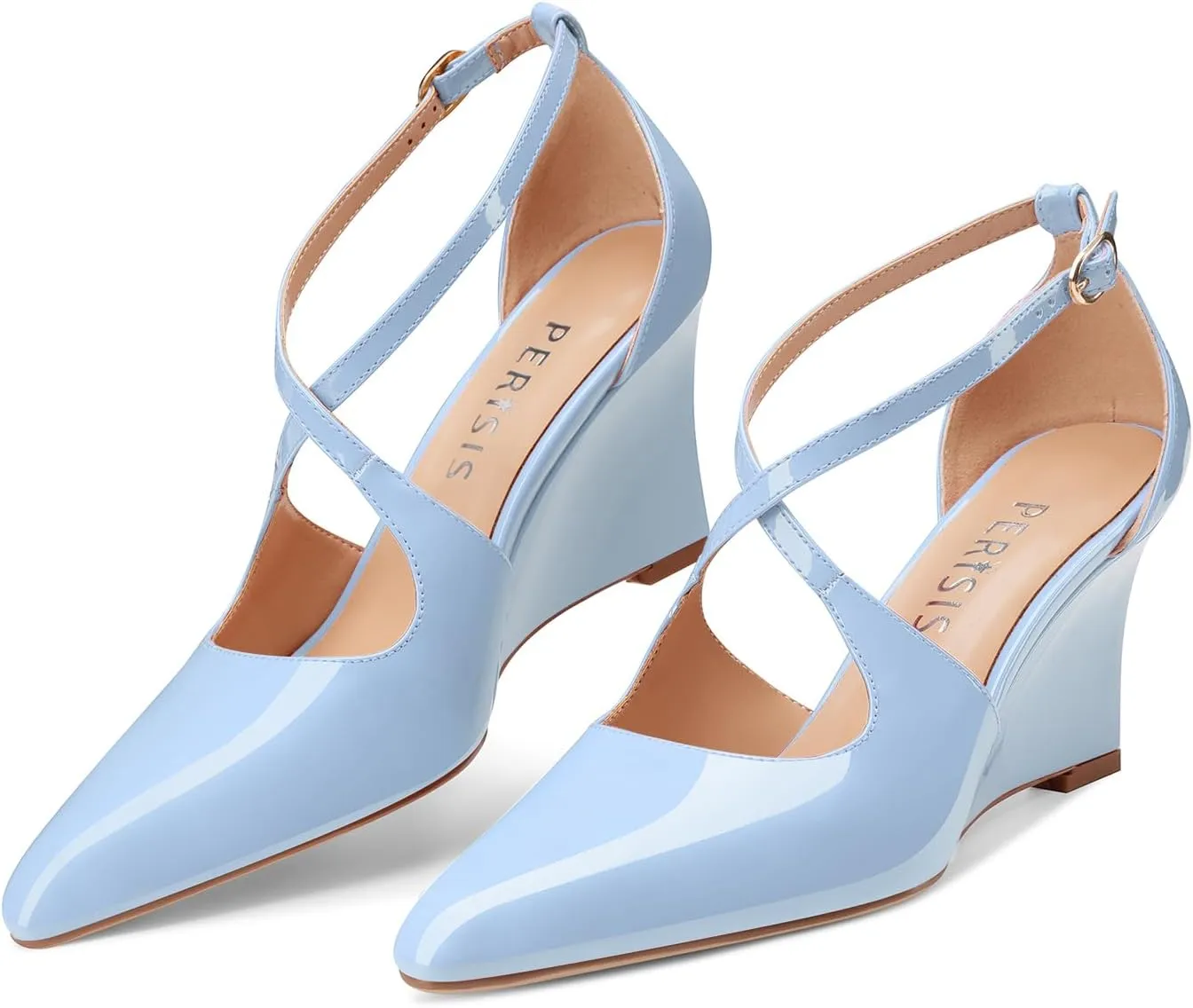 Women's Sexy Wedge Heels Pointed Close Toed Patent Leather Pumps Cross Strappy Wedges Pointy Pump Ankle Strap Buckle Comfortable Wedding Dressy Shoes