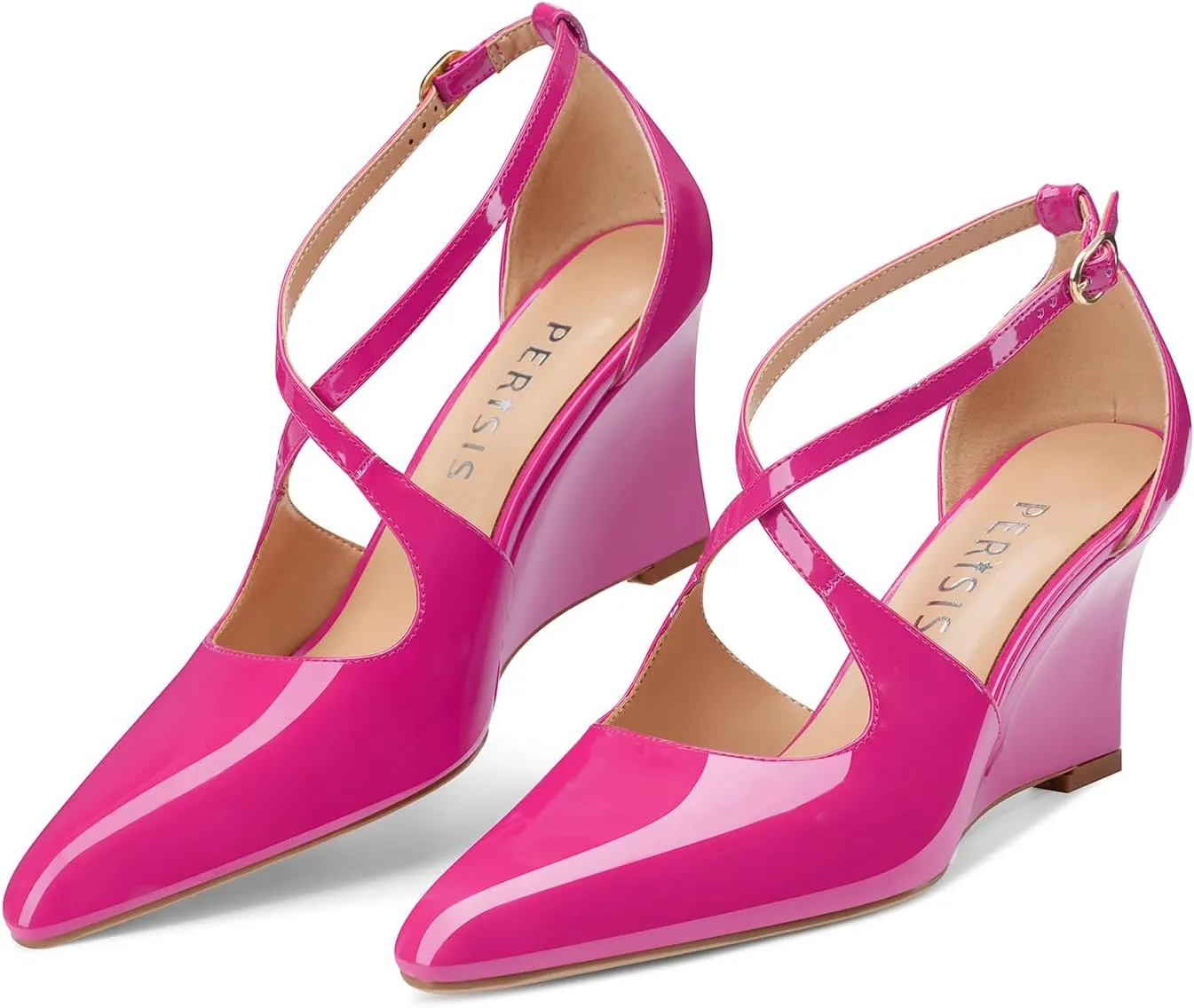Women's Sexy Wedge Heels Pointed Close Toed Patent Leather Pumps Cross Strappy Wedges Pointy Pump Ankle Strap Buckle Comfortable Wedding Dressy Shoes