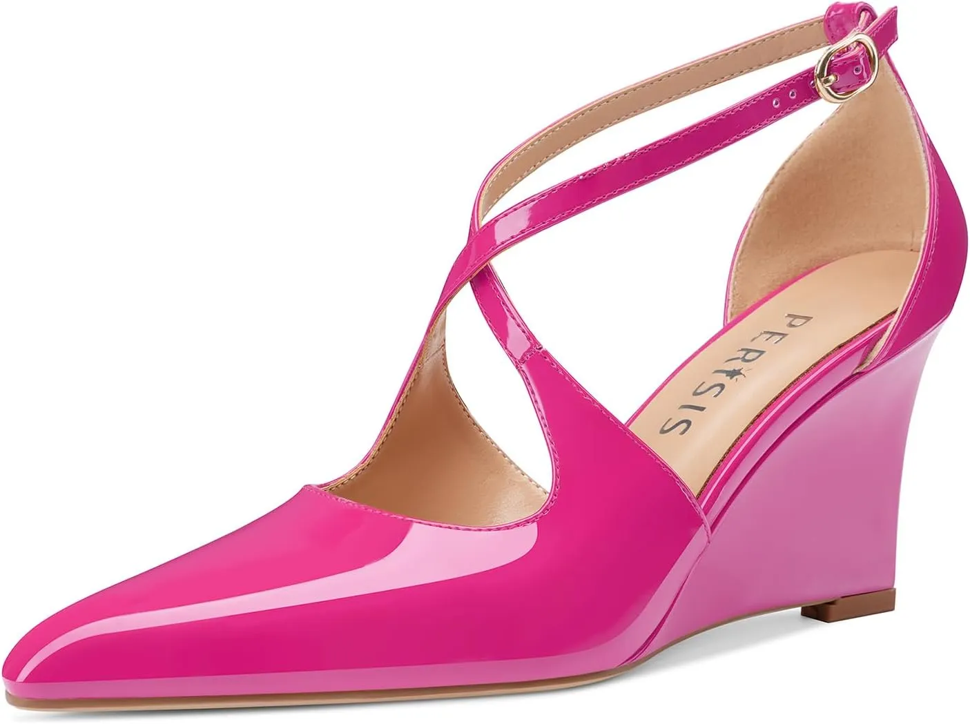 Women's Sexy Wedge Heels Pointed Close Toed Patent Leather Pumps Cross Strappy Wedges Pointy Pump Ankle Strap Buckle Comfortable Wedding Dressy Shoes
