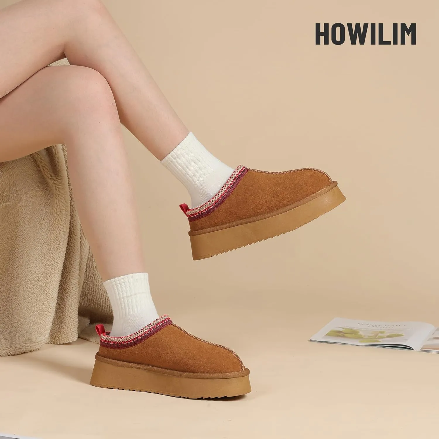 Women's Slippers Platform Mini Boots Short Ankle Boot Fur Fleece Lined House slippers Anti-Slip Boot For Outdoor