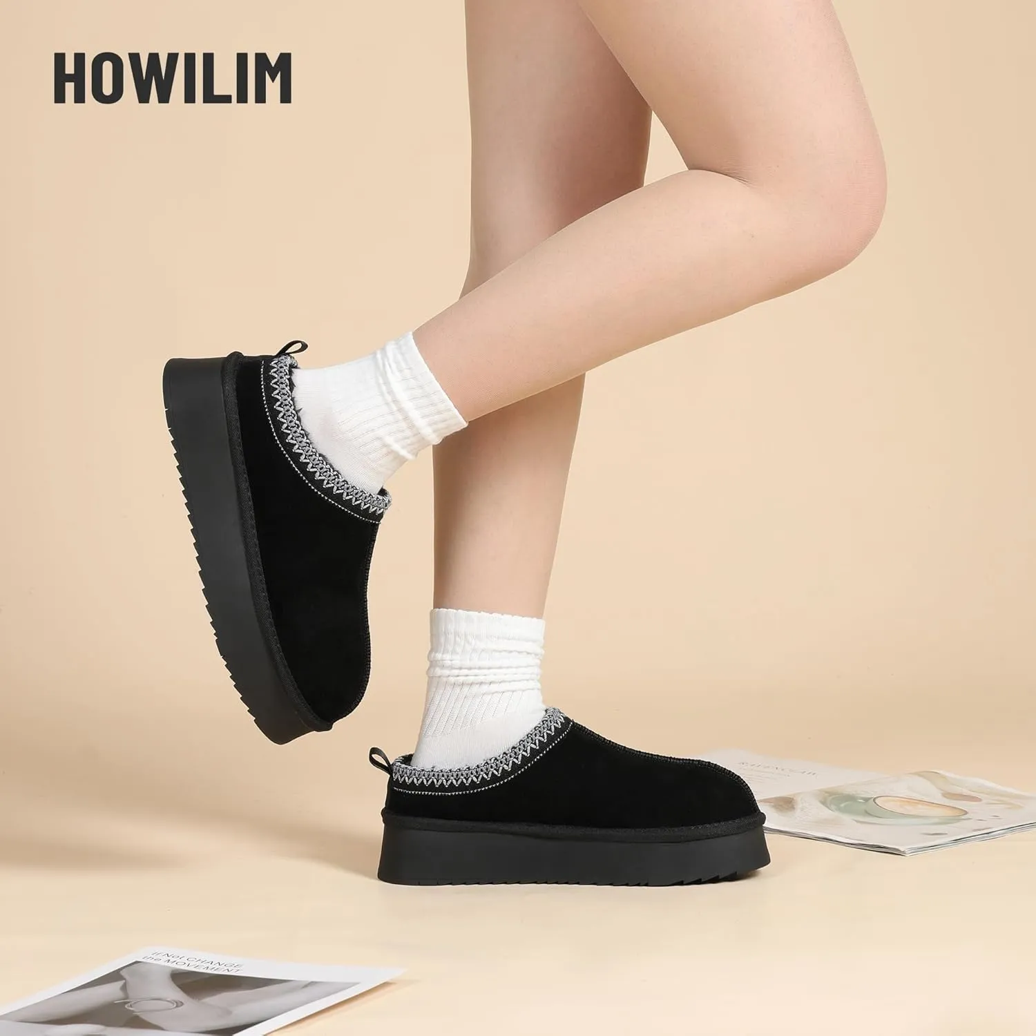 Women's Slippers Platform Mini Boots Short Ankle Boot Fur Fleece Lined House slippers Anti-Slip Boot For Outdoor