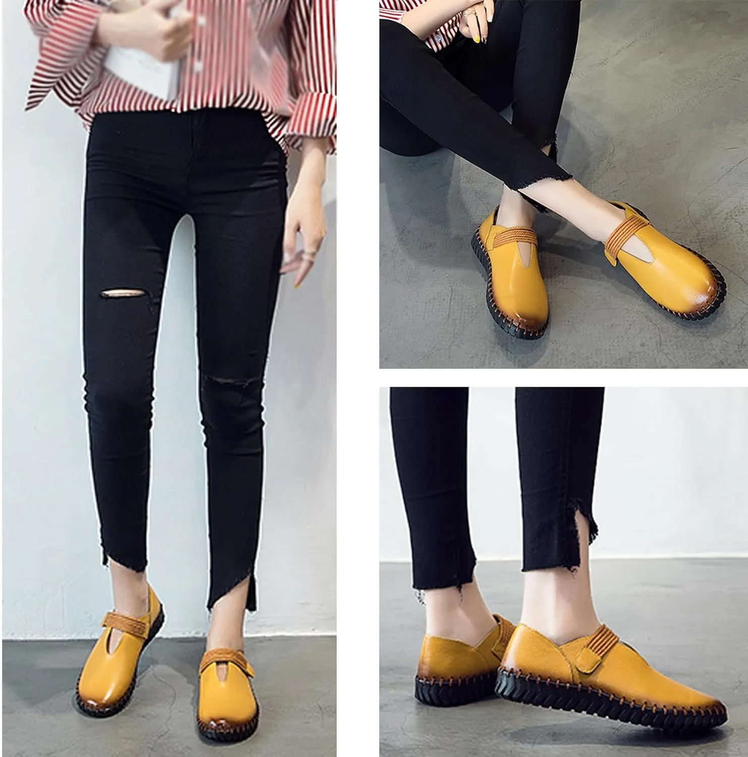 Women's Soft Sole Hook-Loop Casual Loafers,Fashion Handmade Round Toe Flats Comfortable Non-Slip Slip-on Dress Leather Shoes