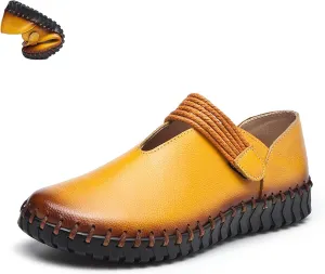 Women's Soft Sole Hook-Loop Casual Loafers,Fashion Handmade Round Toe Flats Comfortable Non-Slip Slip-on Dress Leather Shoes