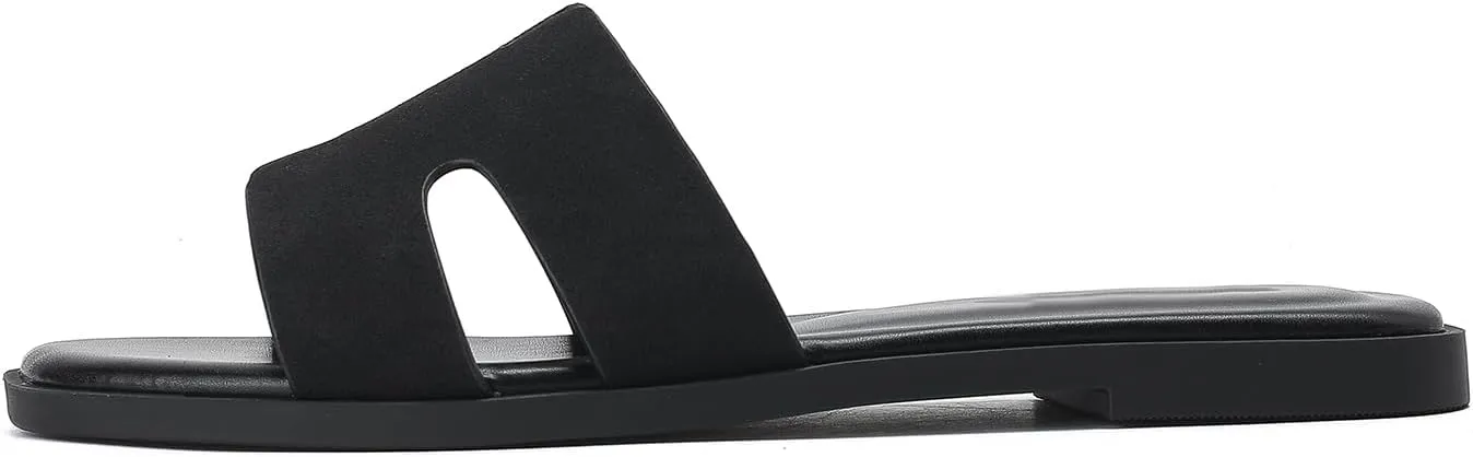 Women's Suede Flat Sandals Open Toe Slip on Sandals Comfort Slide Sandals for Women with Memory Foam