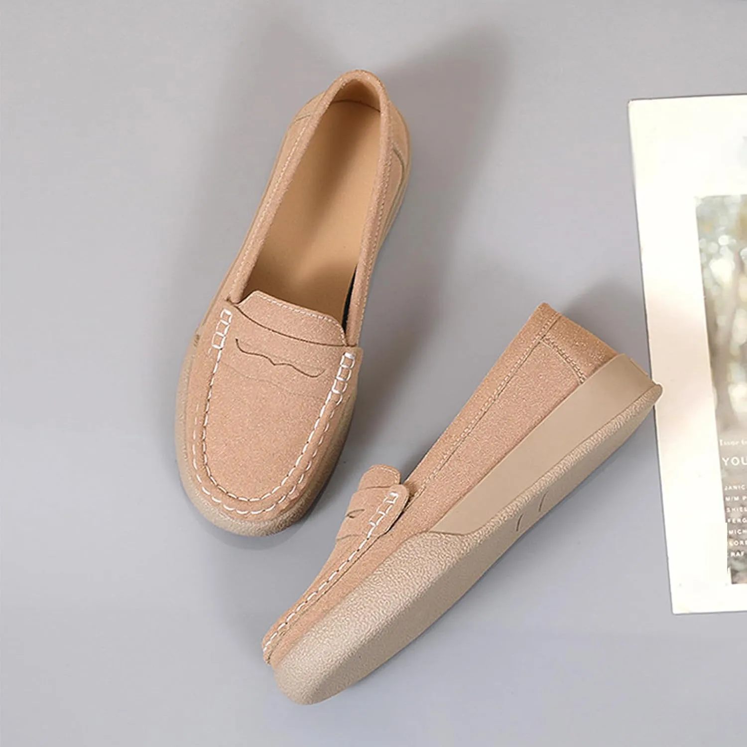 Women's Suede Slip-On Flat Penny Loafers,Fashion Comfortable Non-Slip Moccasins Driving Shoes,Lightweight Soft Sole Casual Work Boat Shoes