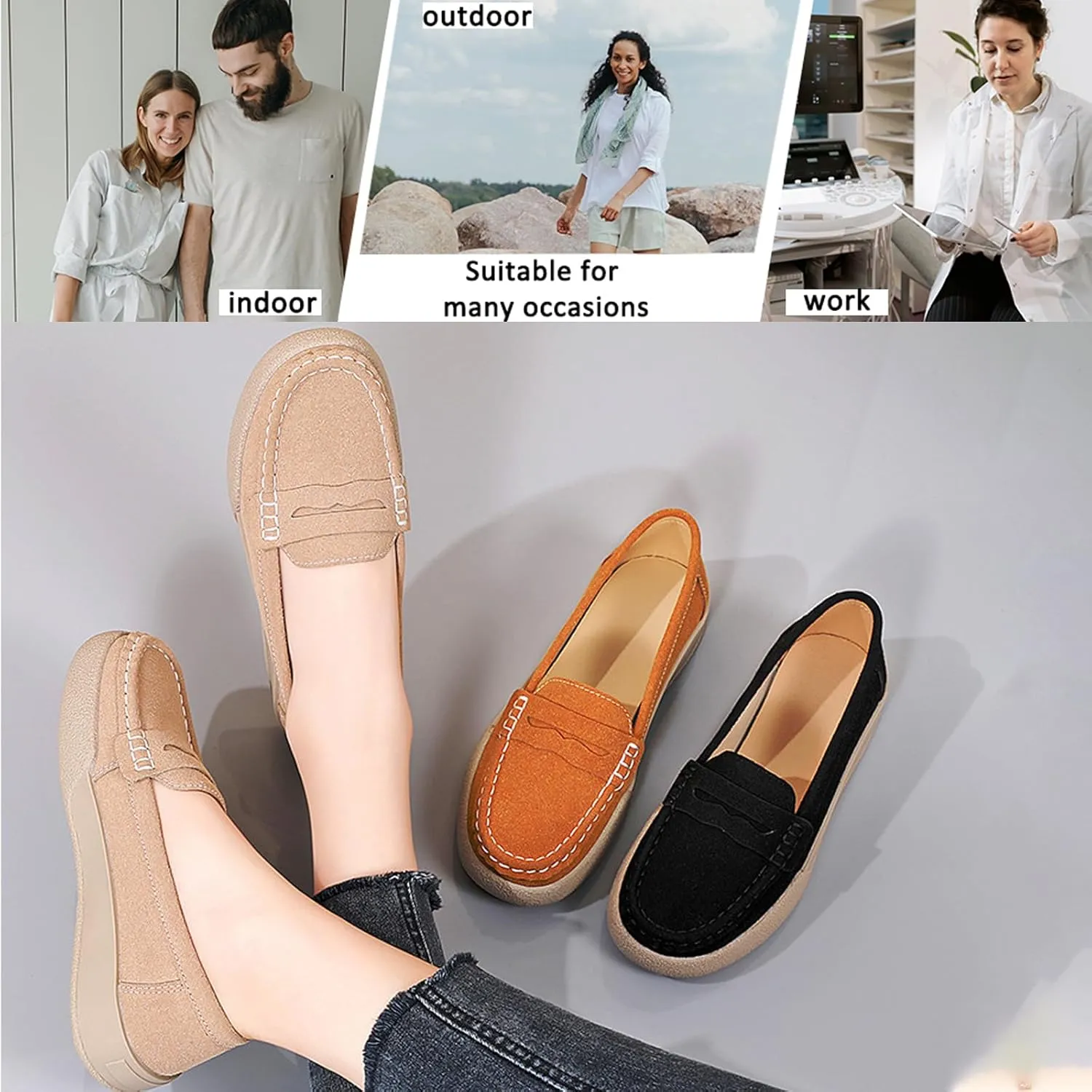 Women's Suede Slip-On Flat Penny Loafers,Fashion Comfortable Non-Slip Moccasins Driving Shoes,Lightweight Soft Sole Casual Work Boat Shoes