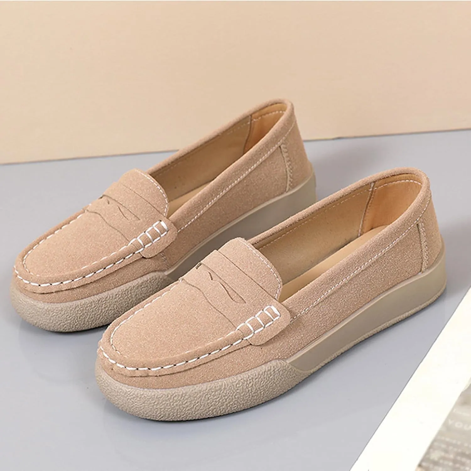 Women's Suede Slip-On Flat Penny Loafers,Fashion Comfortable Non-Slip Moccasins Driving Shoes,Lightweight Soft Sole Casual Work Boat Shoes