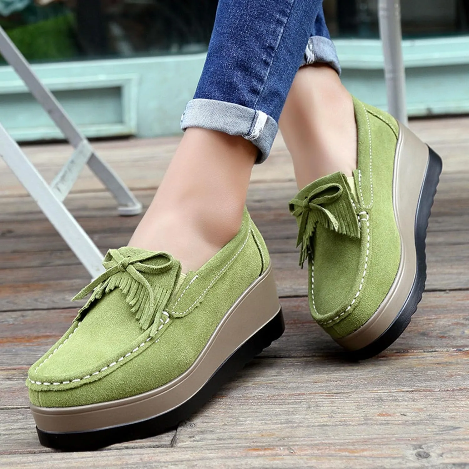 Women's Tassel Suede Wedge-Shaped Lefu Shoes Fashion Thick Sole Wedge Shaped Sneakers with Arch Support Wide Low Cut Wedge Shaped Casual Shoes.