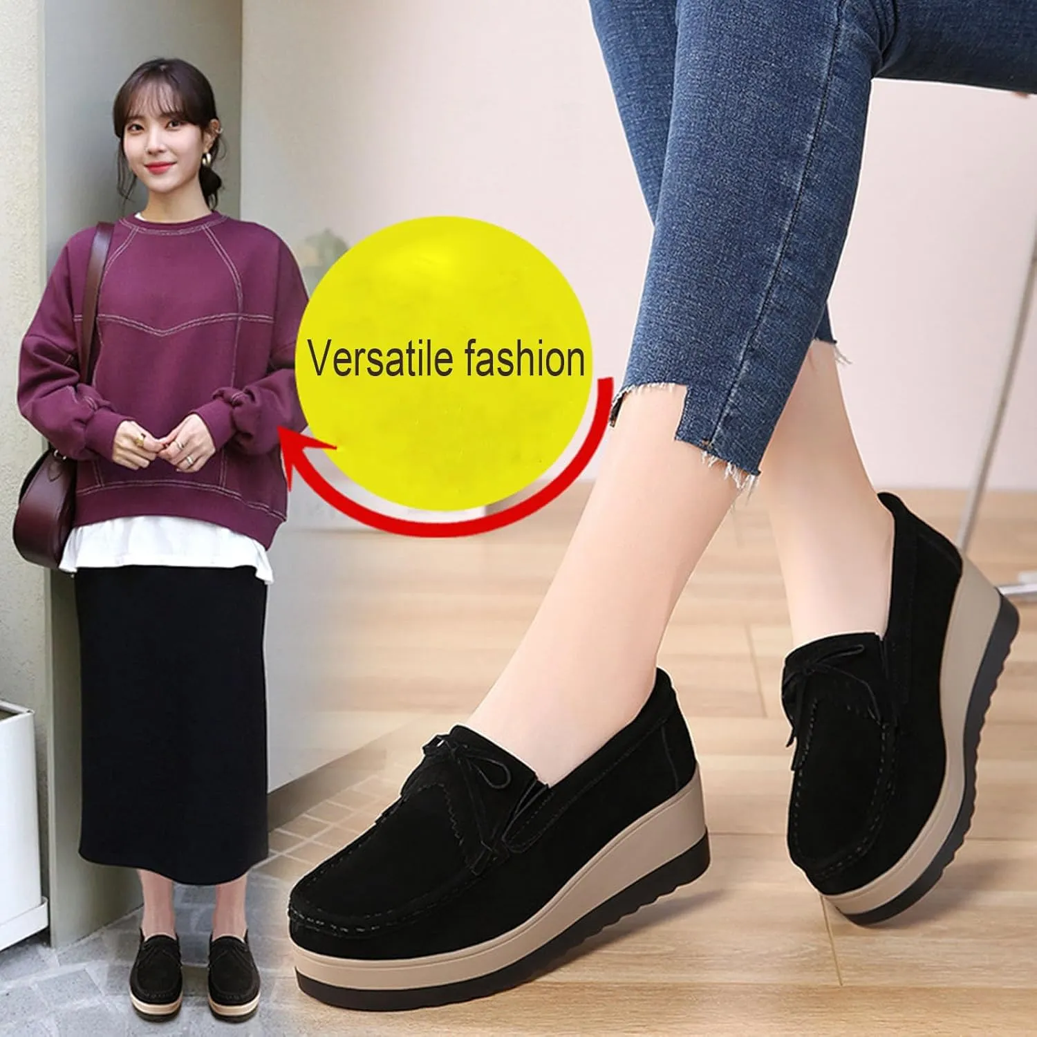 Women's Tassel Suede Wedge-Shaped Lefu Shoes Fashion Thick Sole Wedge Shaped Sneakers with Arch Support Wide Low Cut Wedge Shaped Casual Shoes.