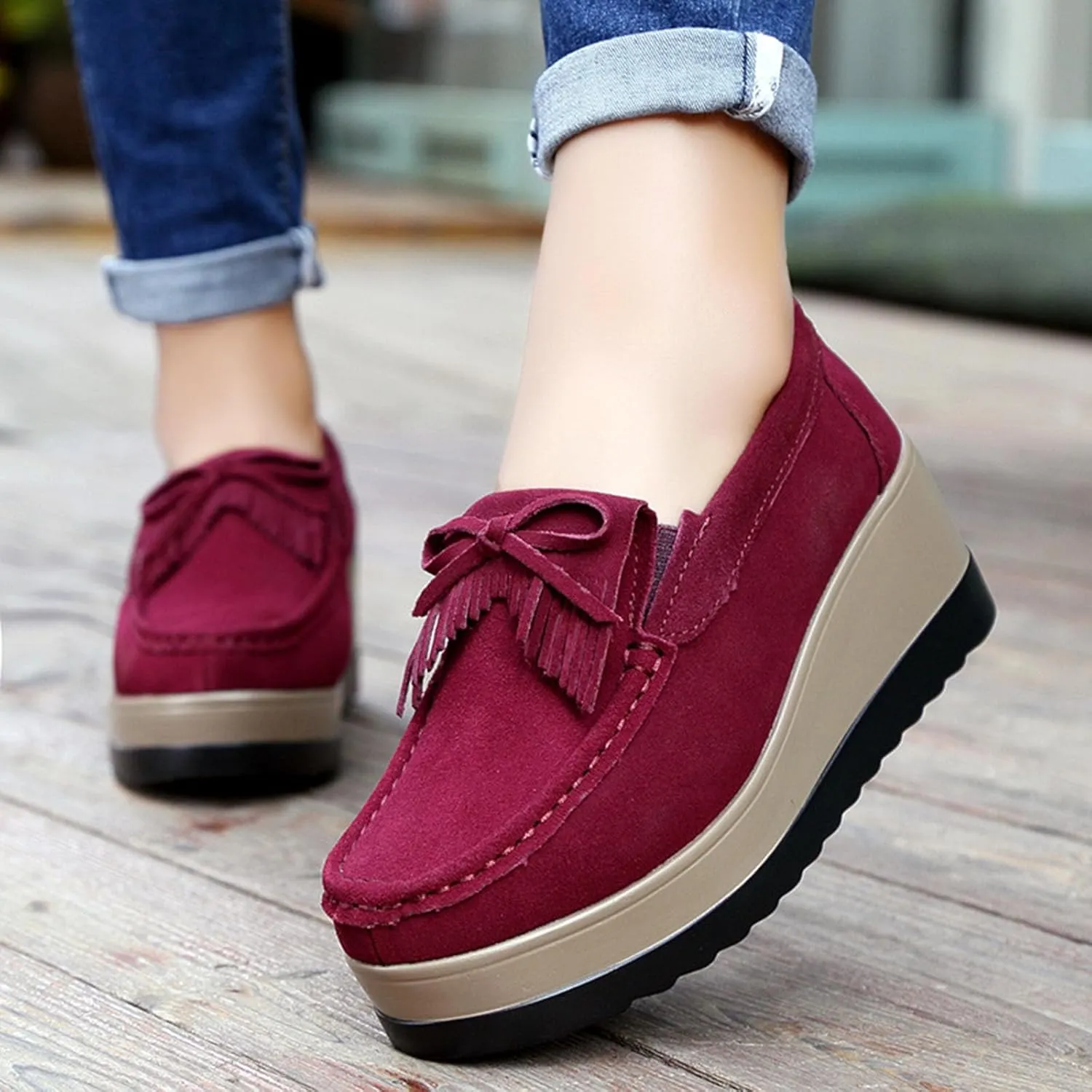 Women's Tassel Suede Wedge-Shaped Lefu Shoes Fashion Thick Sole Wedge Shaped Sneakers with Arch Support Wide Low Cut Wedge Shaped Casual Shoes.