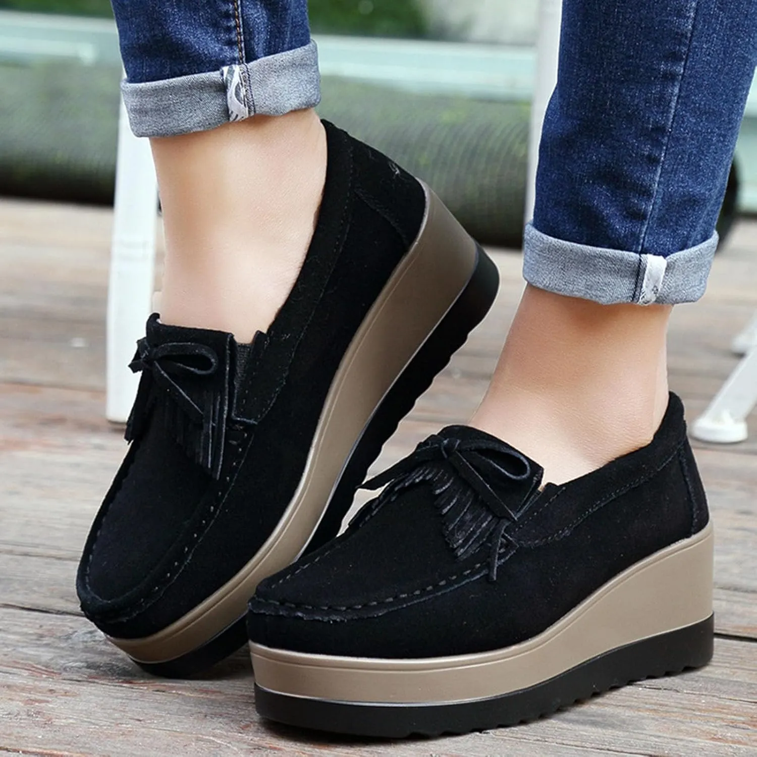 Women's Tassel Suede Wedge-Shaped Lefu Shoes Fashion Thick Sole Wedge Shaped Sneakers with Arch Support Wide Low Cut Wedge Shaped Casual Shoes.