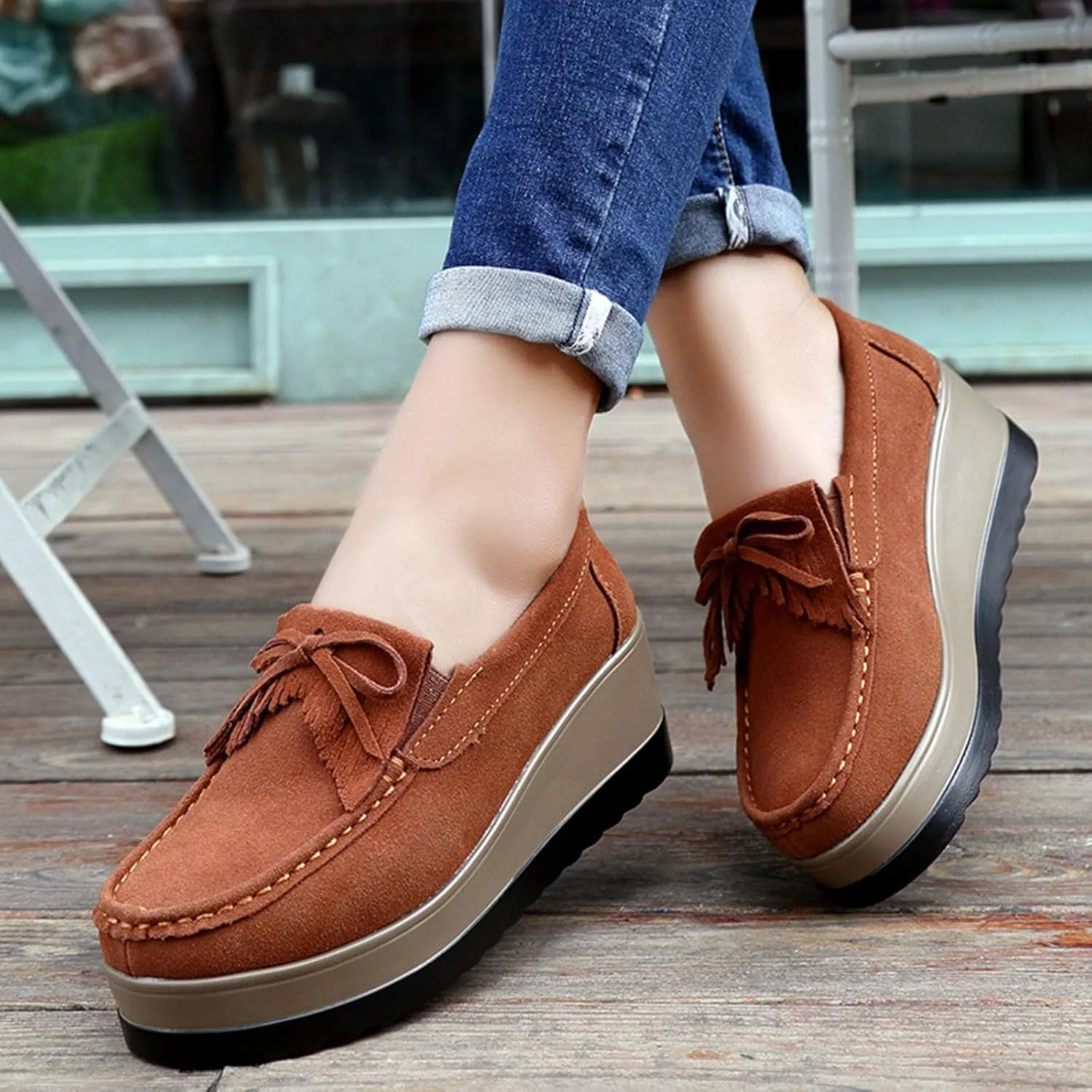 Women's Tassel Suede Wedge-Shaped Lefu Shoes Fashion Thick Sole Wedge Shaped Sneakers with Arch Support Wide Low Cut Wedge Shaped Casual Shoes.