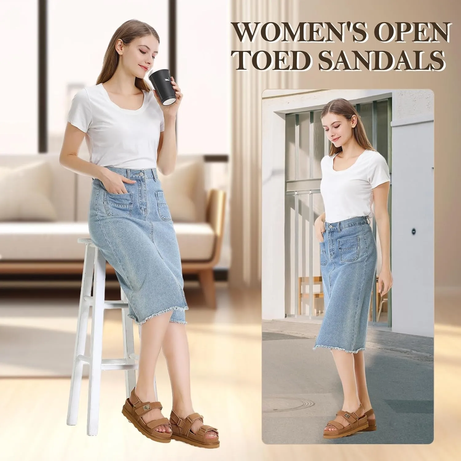 Women's Thick Platform Sandals Slide anti-slip Sole Open Toe Double Buckle Strap Summer Flats Shoes