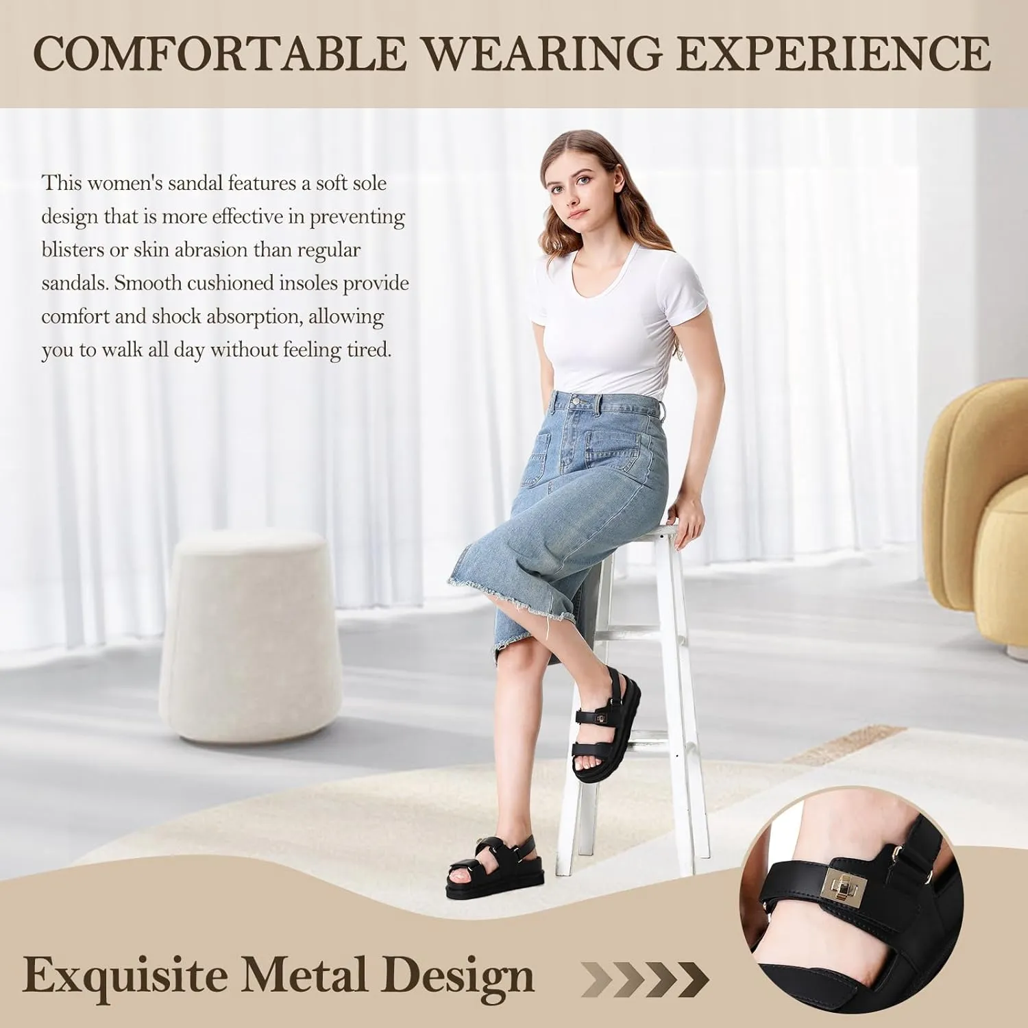 Women's Thick Platform Sandals Slide anti-slip Sole Open Toe Double Buckle Strap Summer Flats Shoes