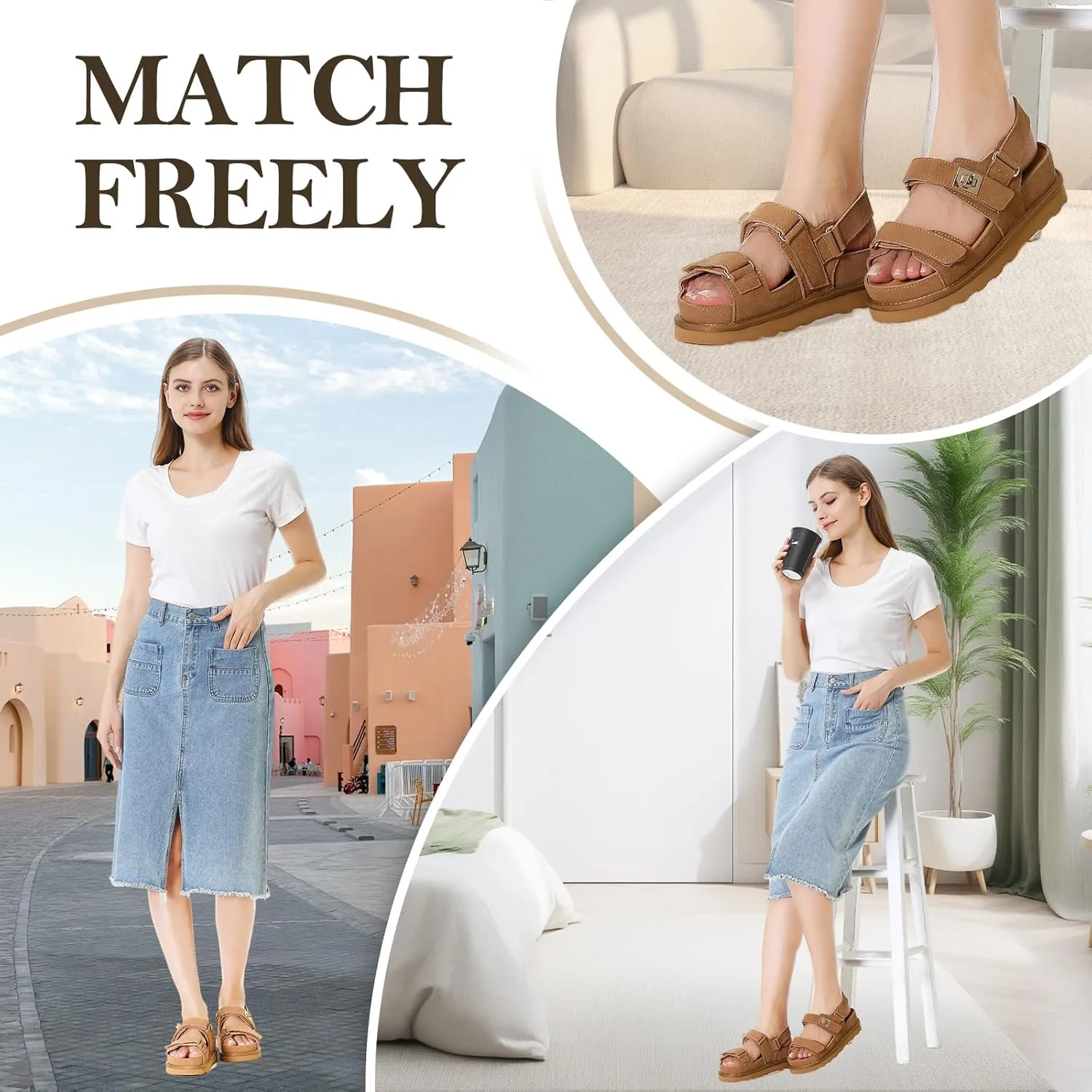 Women's Thick Platform Sandals Slide anti-slip Sole Open Toe Double Buckle Strap Summer Flats Shoes