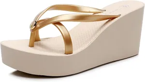 Women's Thong Wedge Platform Slides Sandals Fashion Comfort Open Round Toe Slip On Anti-Slip Chunky Heel Flip Flops Summer Pool Party Beach Walking Sandals