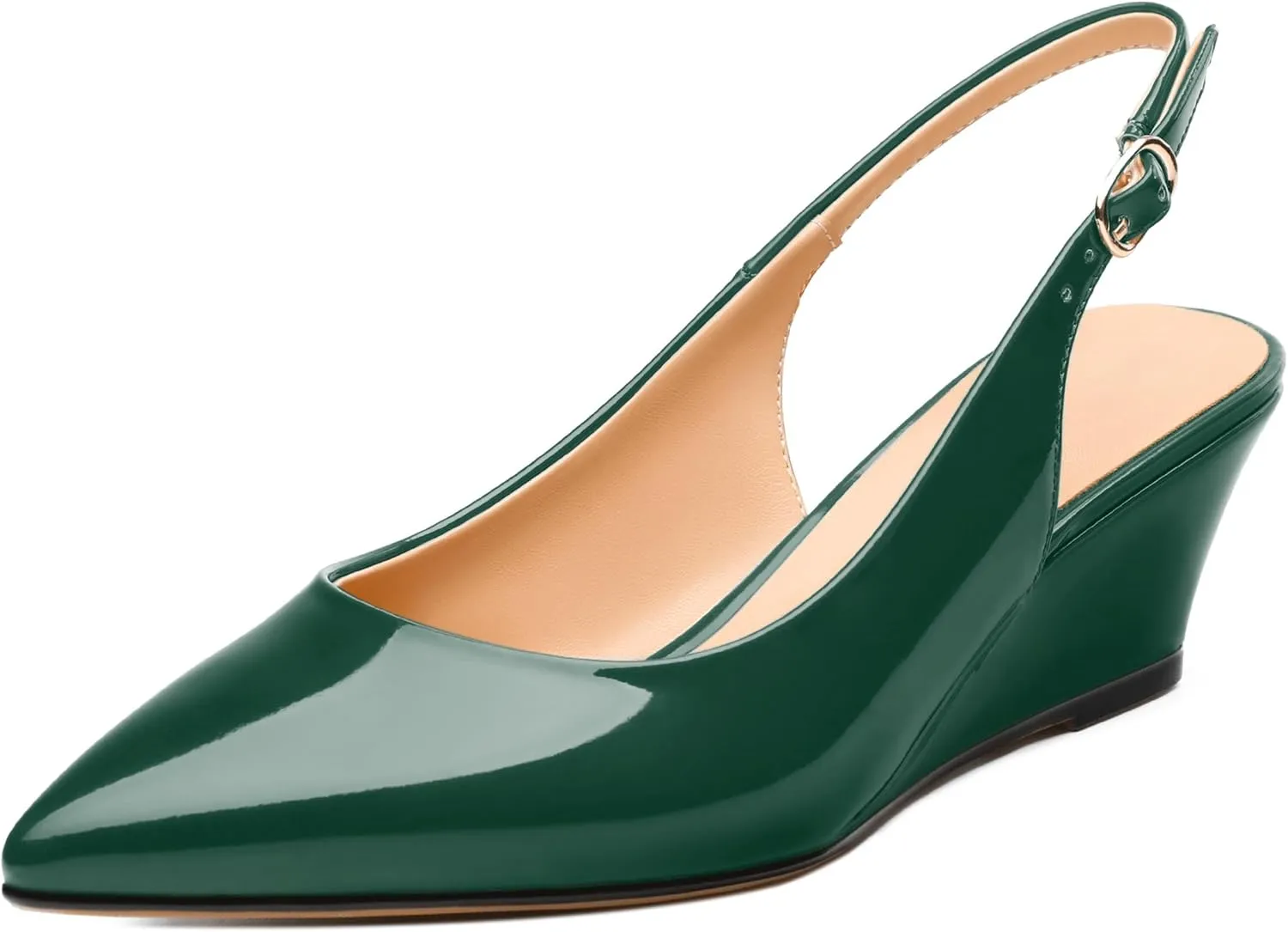 Womens Wedge Heel Pumps, Pointed Toe Mid Heel Slingback Pumps for Women, Leather Insole Comfort Pumps with Buckle 2"