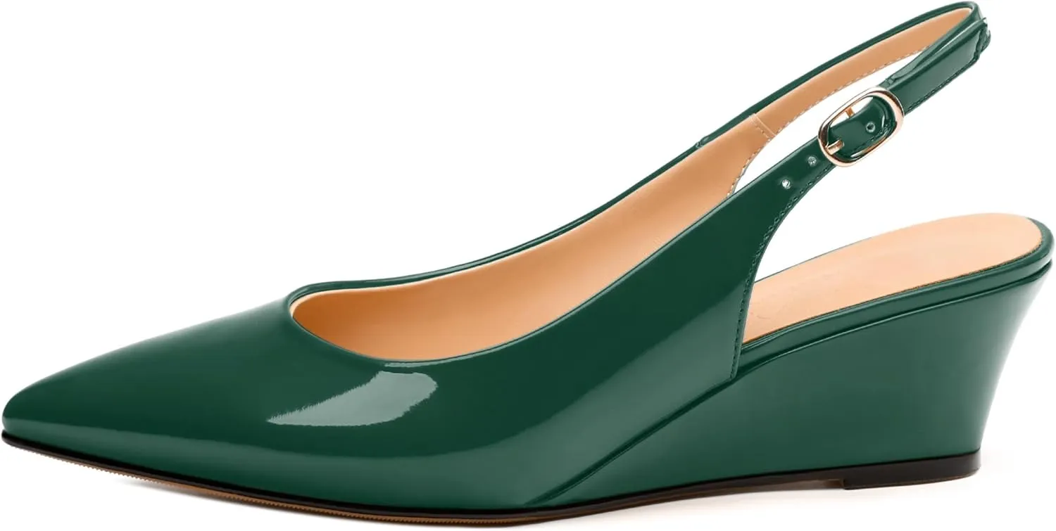 Womens Wedge Heel Pumps, Pointed Toe Mid Heel Slingback Pumps for Women, Leather Insole Comfort Pumps with Buckle 2"