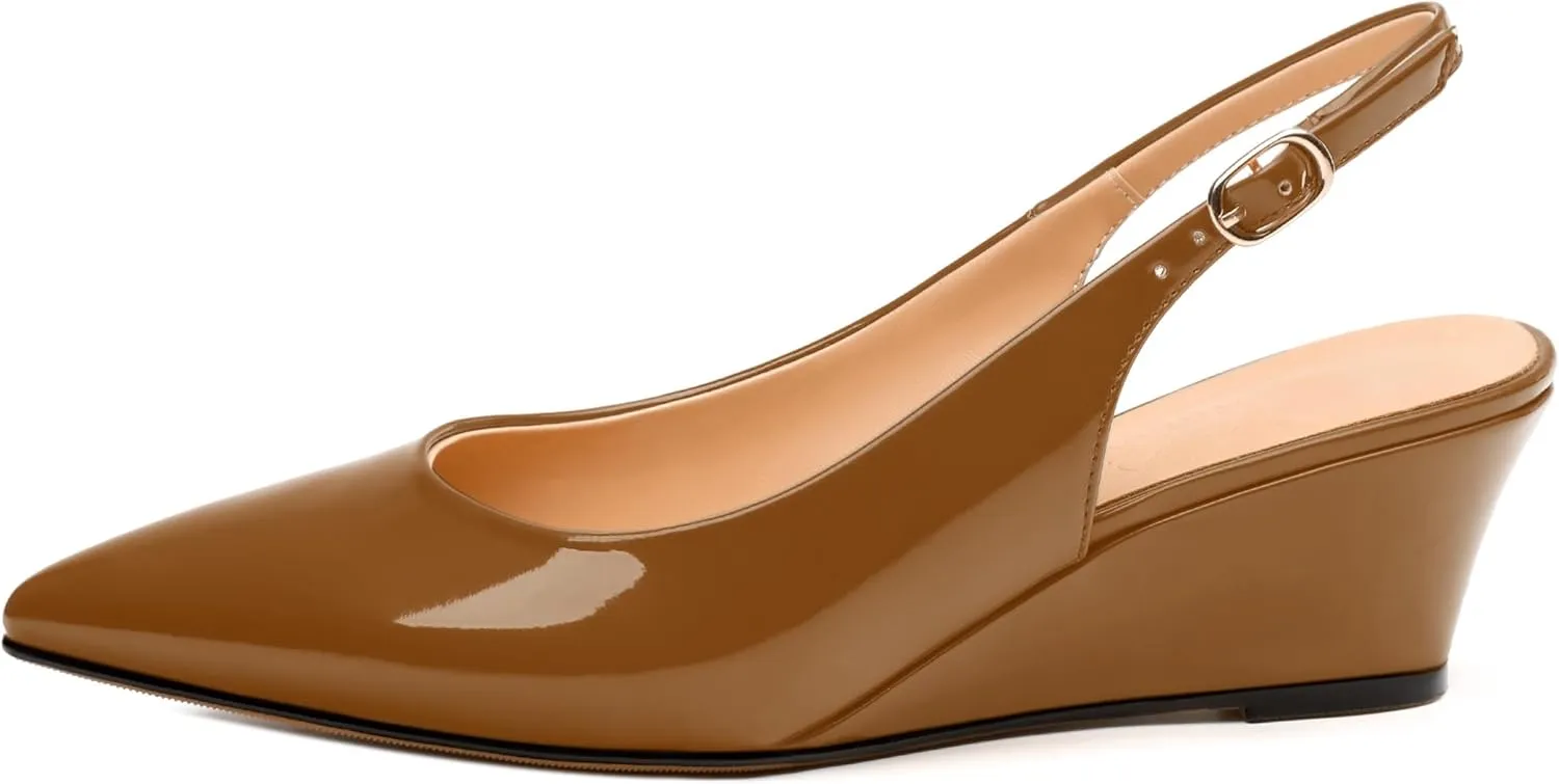 Womens Wedge Heel Pumps, Pointed Toe Mid Heel Slingback Pumps for Women, Leather Insole Comfort Pumps with Buckle 2"
