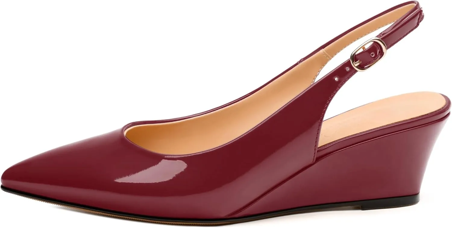 Womens Wedge Heel Pumps, Pointed Toe Mid Heel Slingback Pumps for Women, Leather Insole Comfort Pumps with Buckle 2"