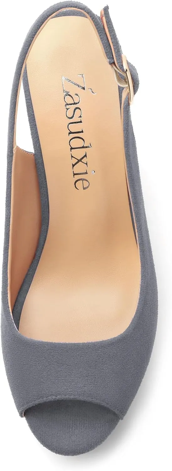 Womens Wedge Platform Sandals Peep Open Toe Slingback Buckle High Heel Dress Shoes Pumps Suede 3.94 Inch