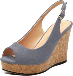 Womens Wedge Platform Sandals Peep Open Toe Slingback Buckle High Heel Dress Shoes Pumps Suede 3.94 Inch