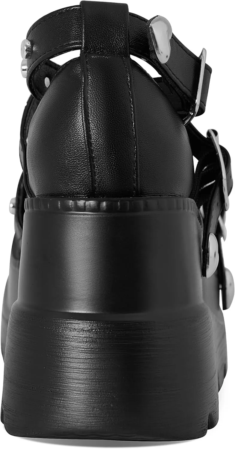 Women's Wedges Black Pumps Platform Mary Janes Shoes Comfortable Heels With Cute Bow Gothic Closed Toe