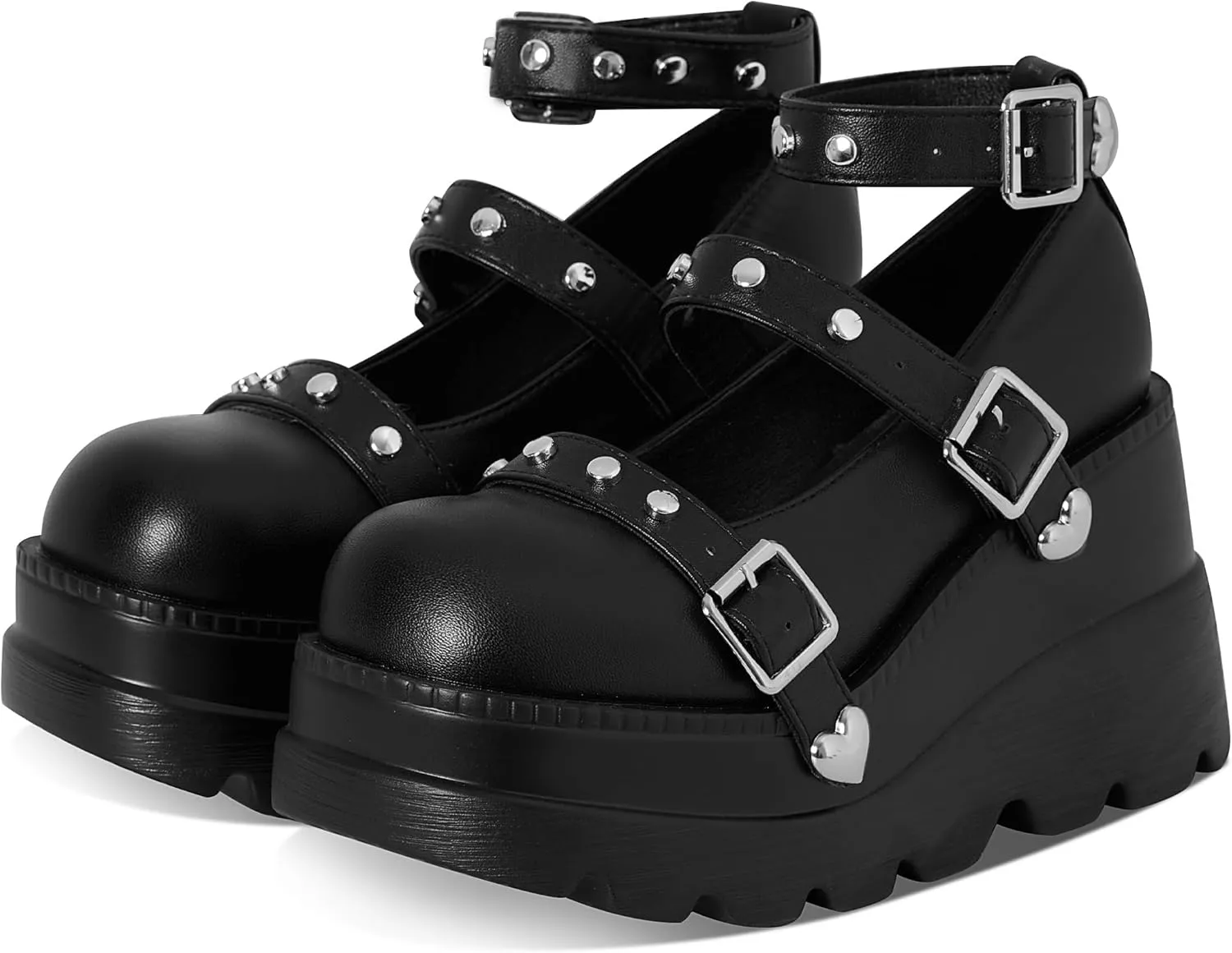 Women's Wedges Black Pumps Platform Mary Janes Shoes Comfortable Heels With Cute Bow Gothic Closed Toe