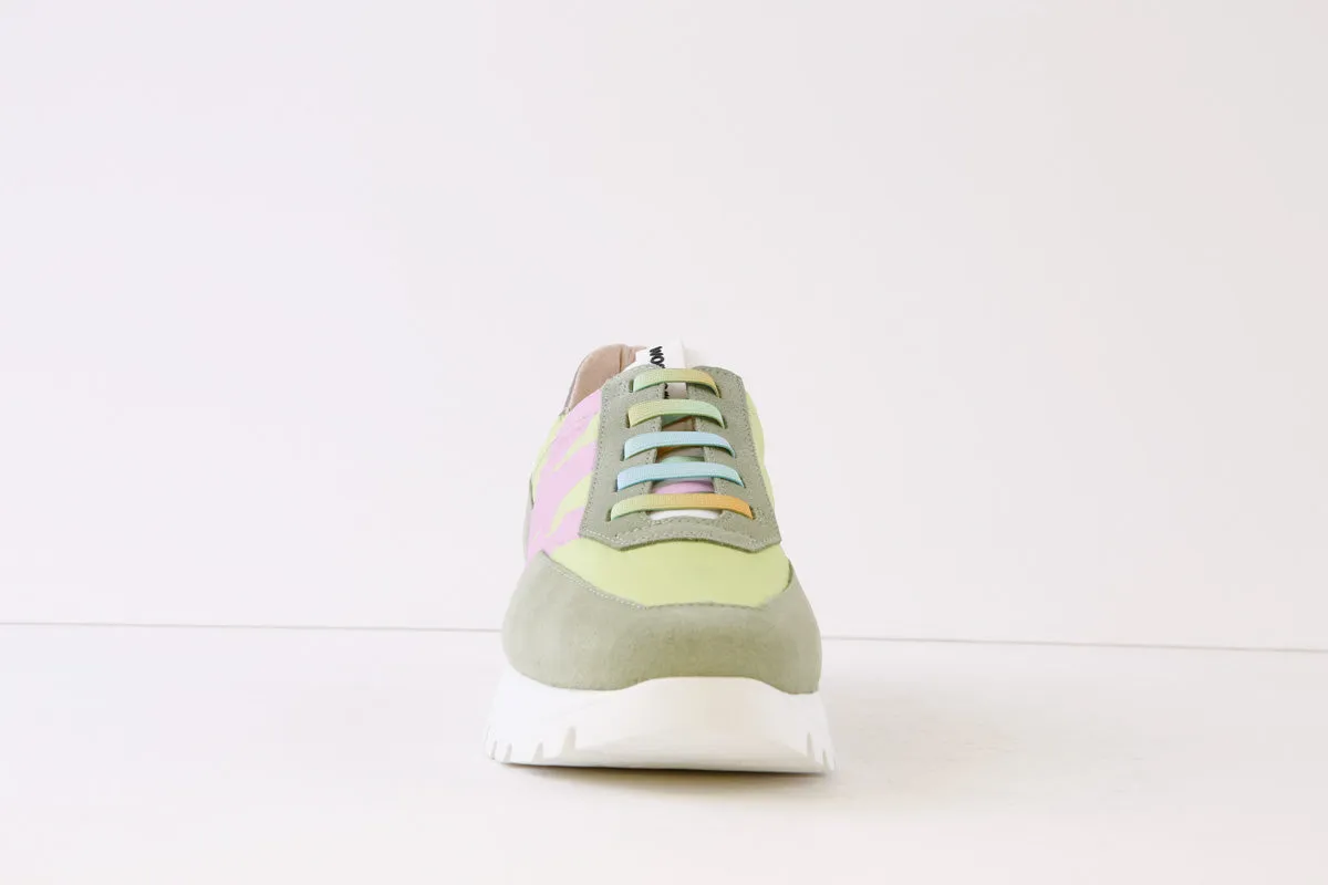 WONDERS - A-2422 LACED WEDGE FASHION TRAINER - GREEN/PINK MULTI