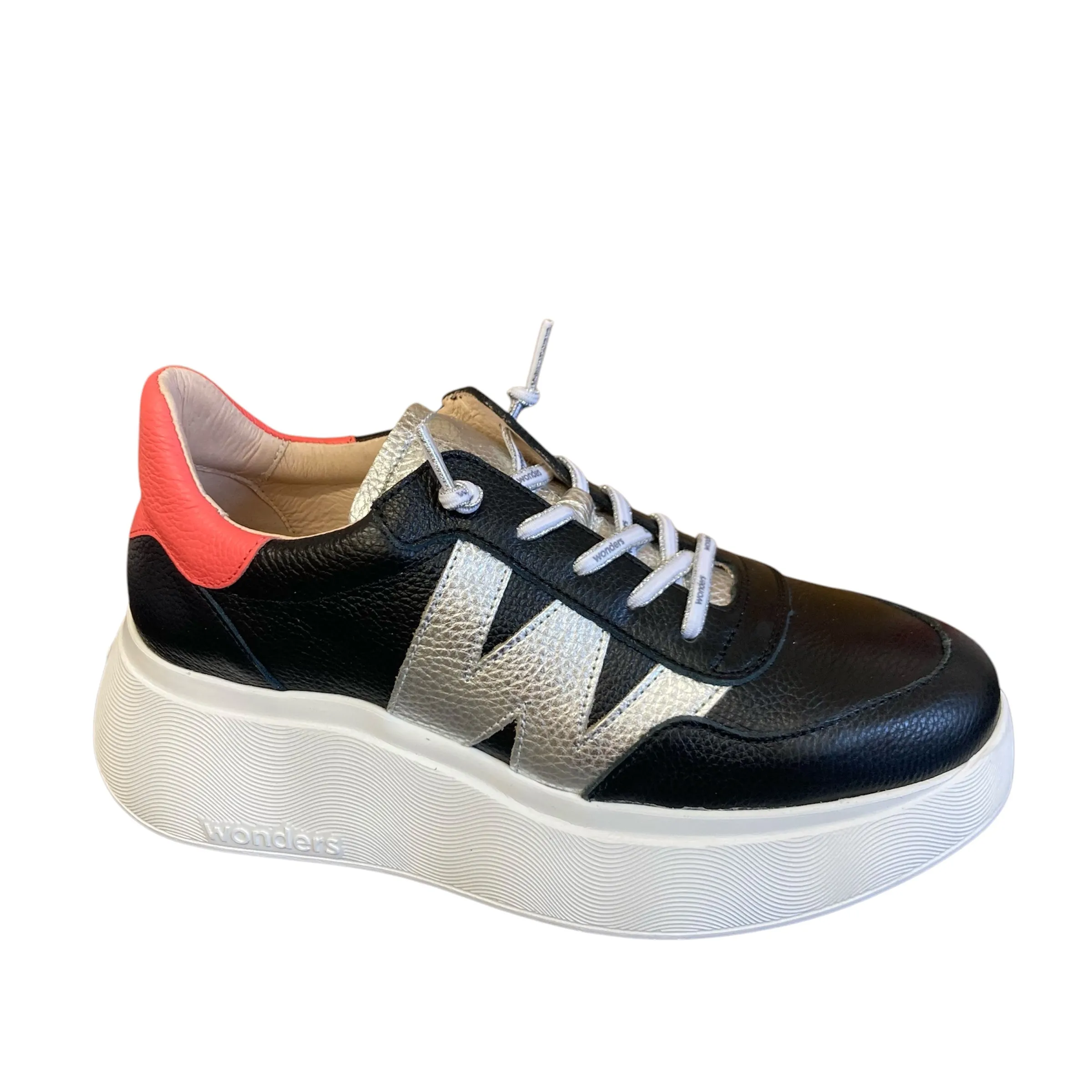 Wonders Black/Silver/Coral Bungee Lace Slip-On Trainer A-3625