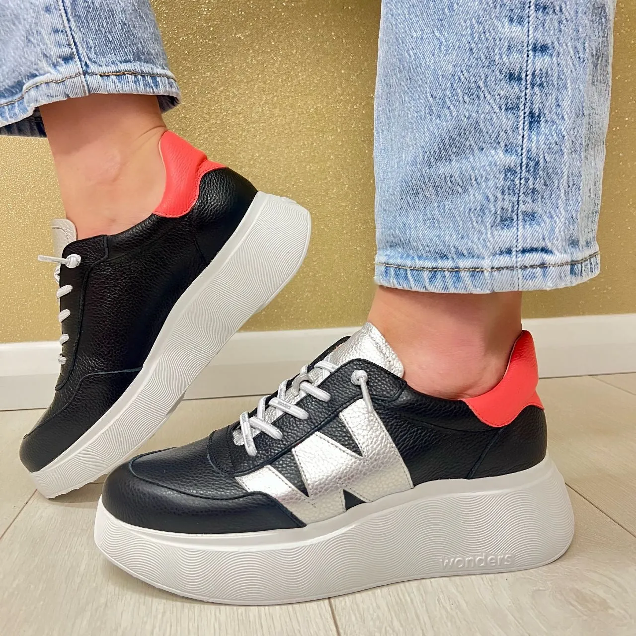 Wonders Black/Silver/Coral Bungee Lace Slip-On Trainer A-3625