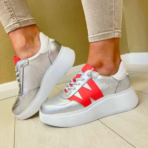 Wonders Silver/Coral Combination Bungee Lace Slip-On Trainer A-3625
