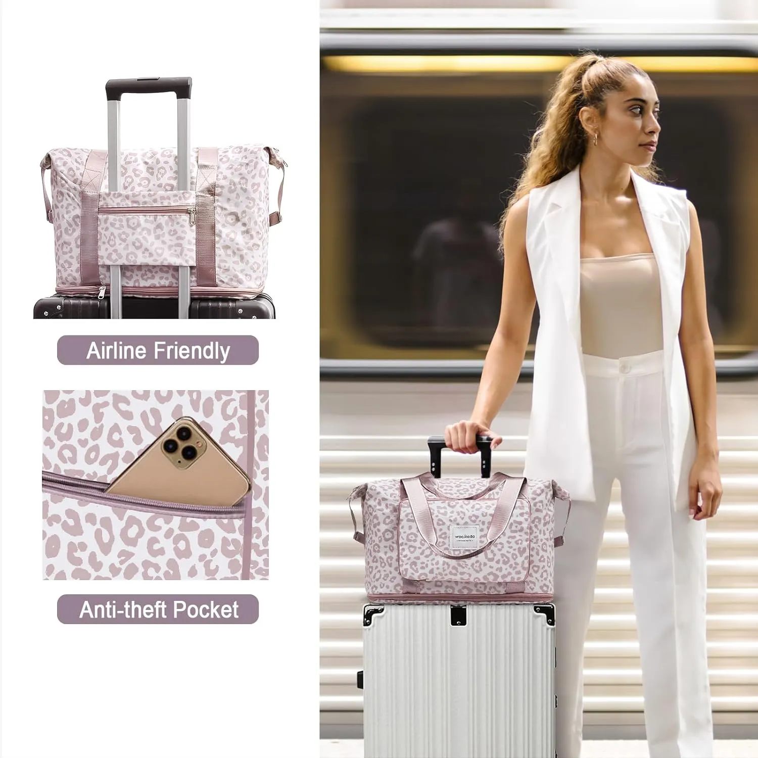 WOOMADA Foldable Travel Duffel, Weekender & Carry-On Bag with Expandable Space