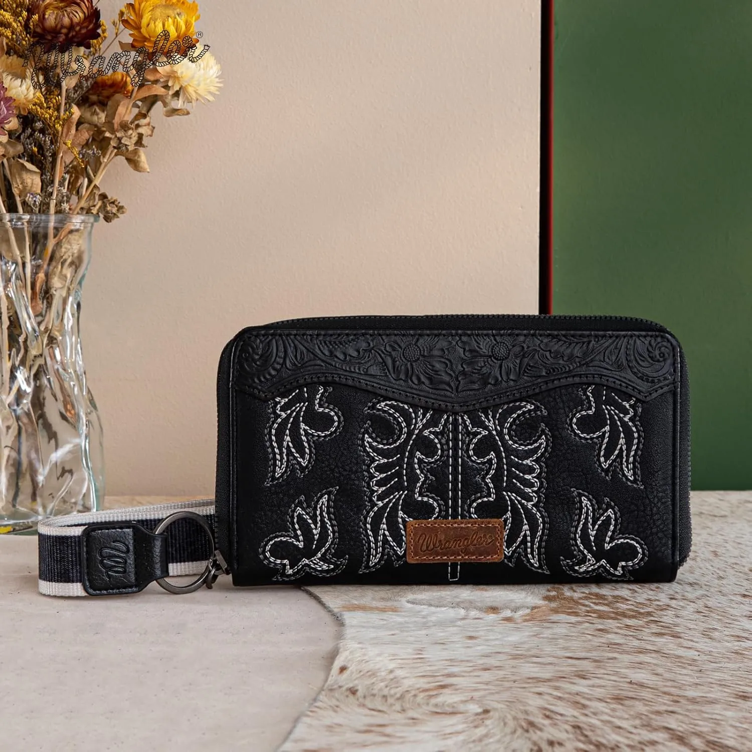 Wrangler Wristlet Western Wallet for Women Floral Tooled Clutch Boot Stitch Bifold Wallet with Card Holder