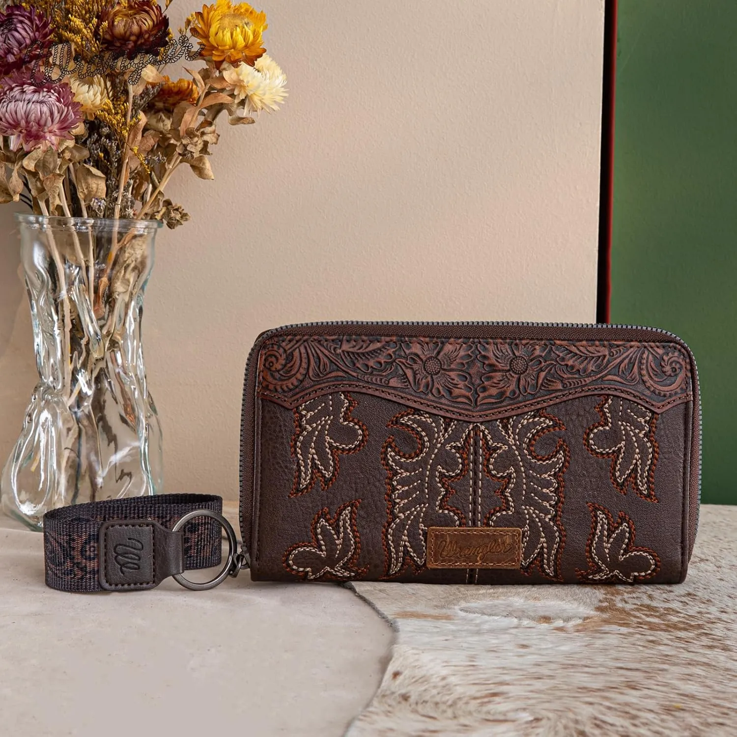 Wrangler Wristlet Western Wallet for Women Floral Tooled Clutch Boot Stitch Bifold Wallet with Card Holder