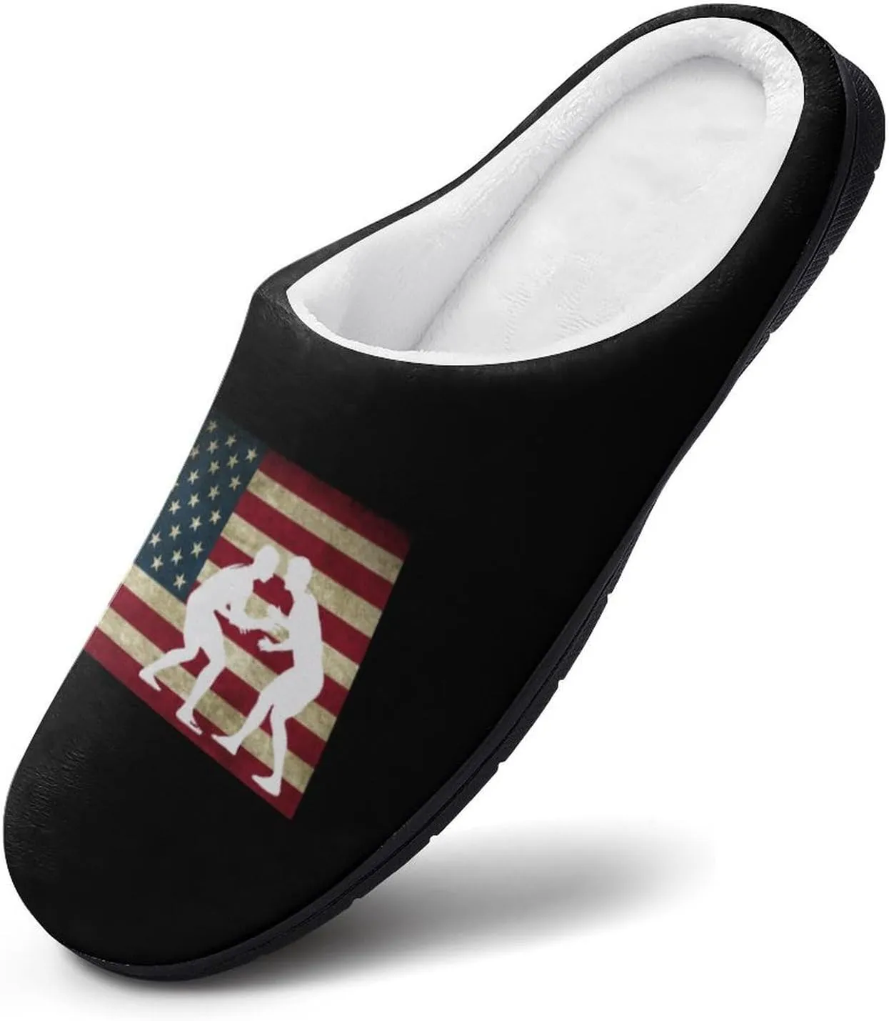 Wrestling U.S. Flag Fashion Mens Slippers Slip On Fuzzy House Shoes for Indoor Outdoor